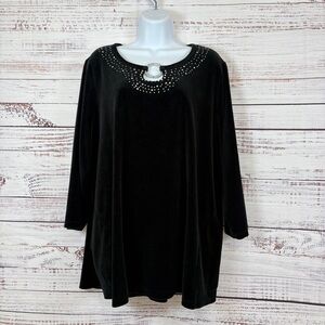 Quacker Factory Black Velour Rhinestone Detail 3/4 Sleeve Top